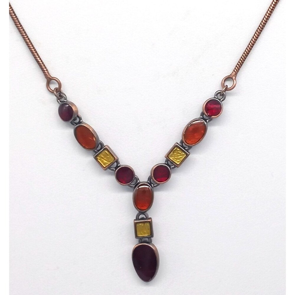 Amber Resin Stone Necklace Cabochon Pendant Copper Tone Boho Statement Vintage